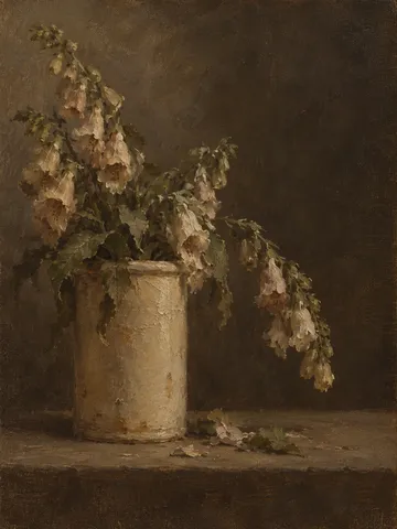 Foxgloves leaning out of a tall crock in black, brown, burgundy, olive; portrait artwork.
