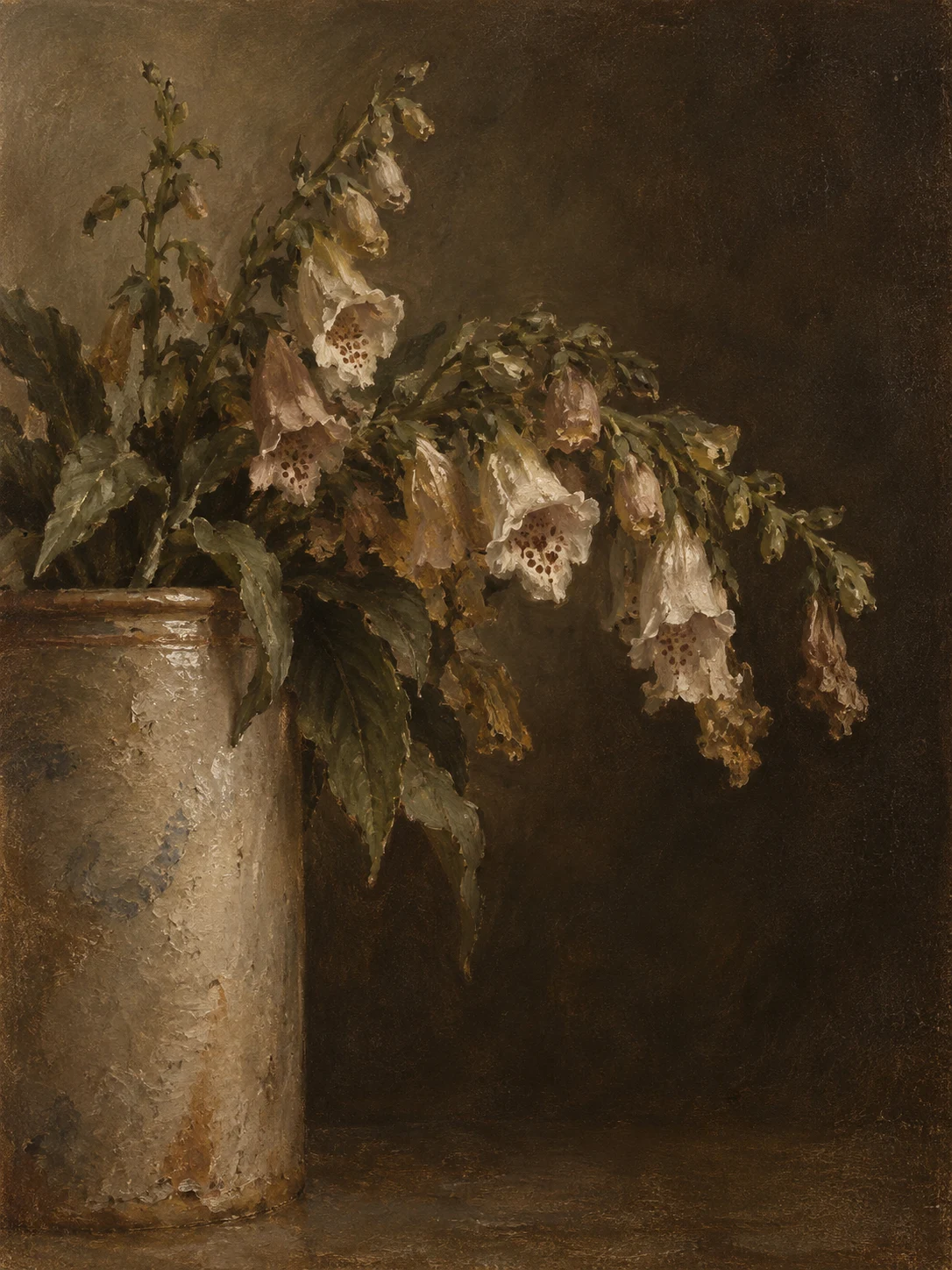 Foxgloves leaning out of a tall crock in black, brown, charcoal, burgundy; portrait artwork.