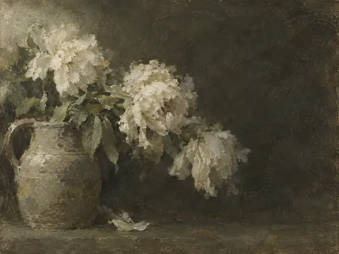 White peonies falling open in a stoneware jug in charcoal, olive, brown, sage; landscape artwork.