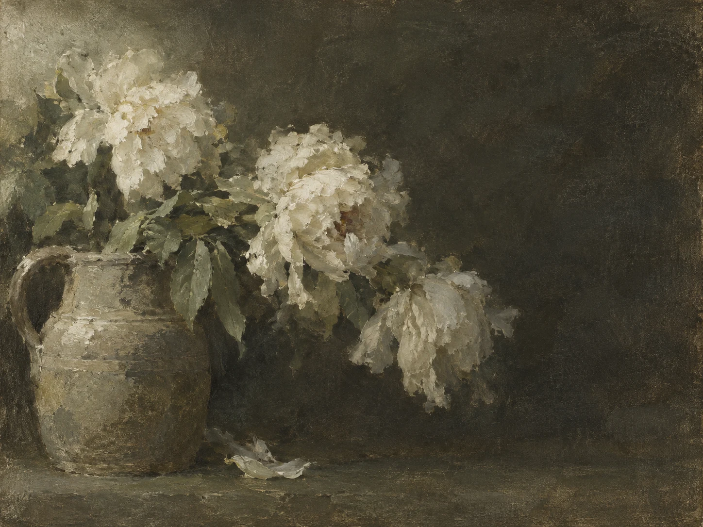 White peonies falling open in a stoneware jug in charcoal, olive, brown, sage; landscape artwork.