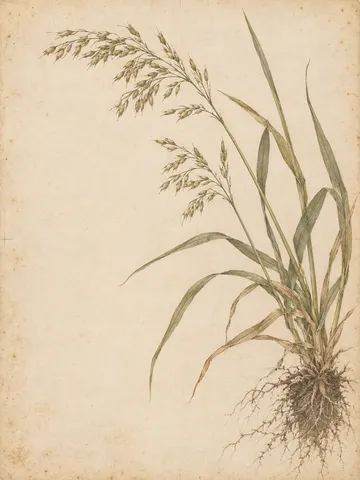 A seeding grass with its root ball in cream, stone, sage; portrait artwork.