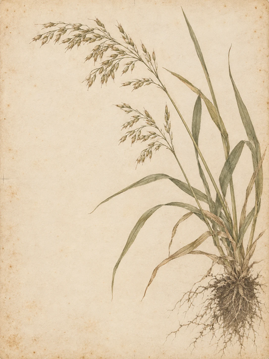 A seeding grass with its root ball in cream, stone, sage; portrait artwork.