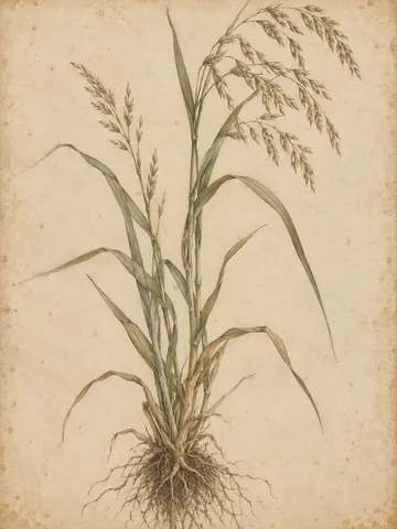 A seeding grass with its root ball in cream, stone, sand, taupe; portrait artwork.