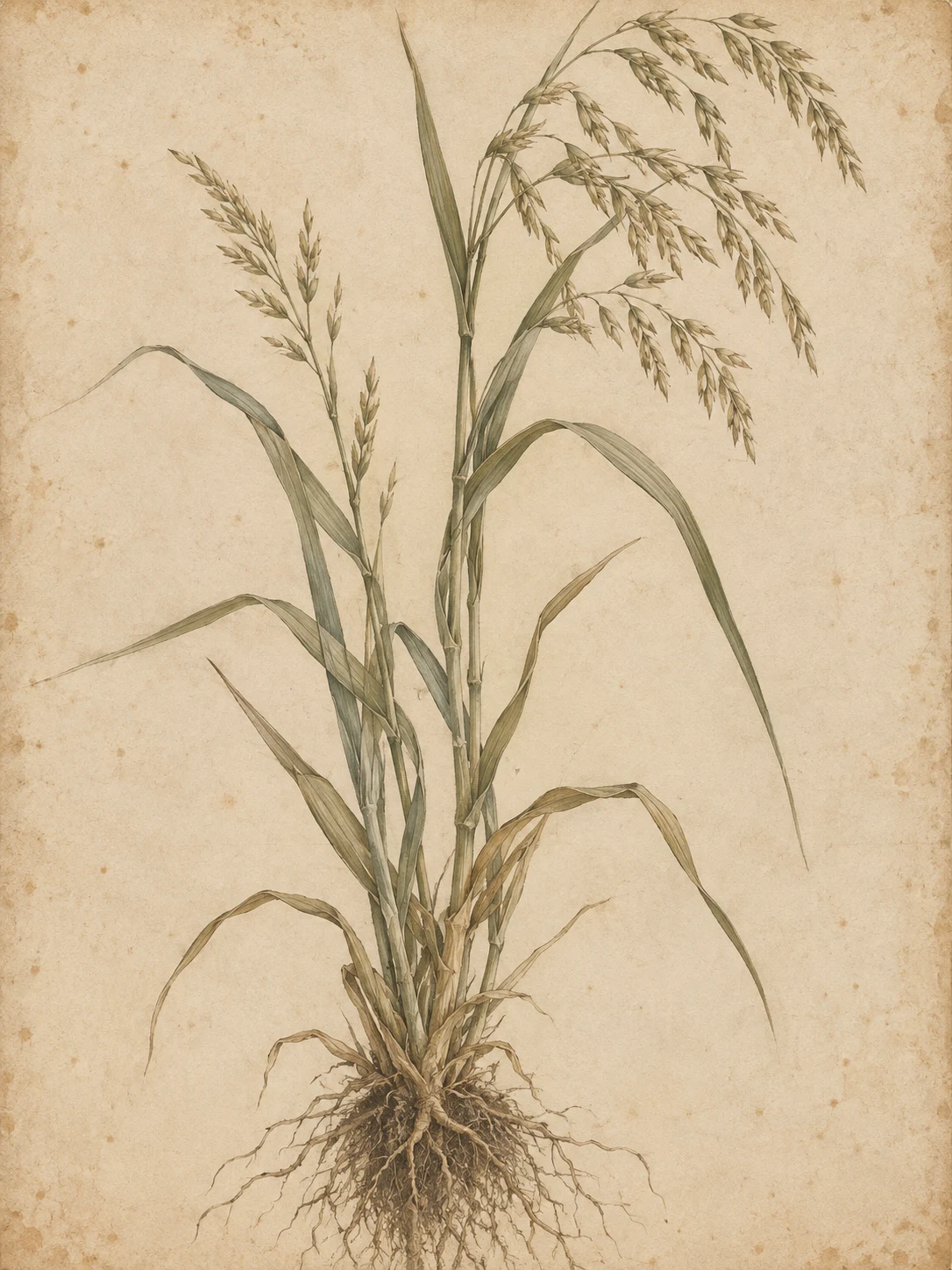 A seeding grass with its root ball in cream, stone, sand, taupe; portrait artwork.