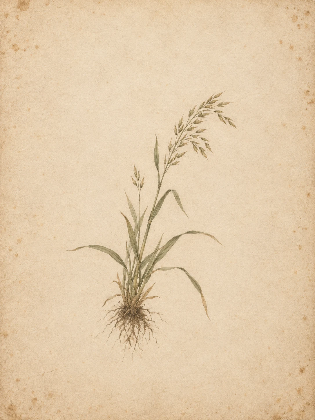 A seeding grass with its root ball in cream, stone, sand; portrait artwork.