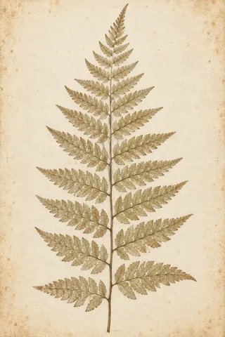 A pressed fern frond in cream, sand, stone; portrait artwork.