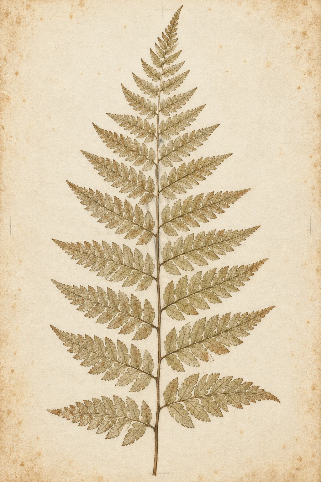 A pressed fern frond in cream, sand, stone; portrait artwork.