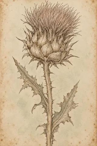 A thistle head with dry bracts in stone, cream, sand, taupe; portrait artwork.