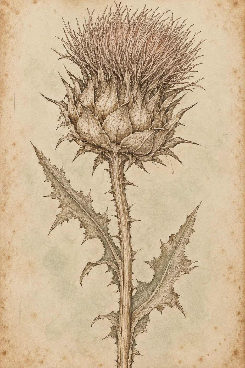 A thistle head with dry bracts in stone, cream, sand, taupe; portrait artwork.