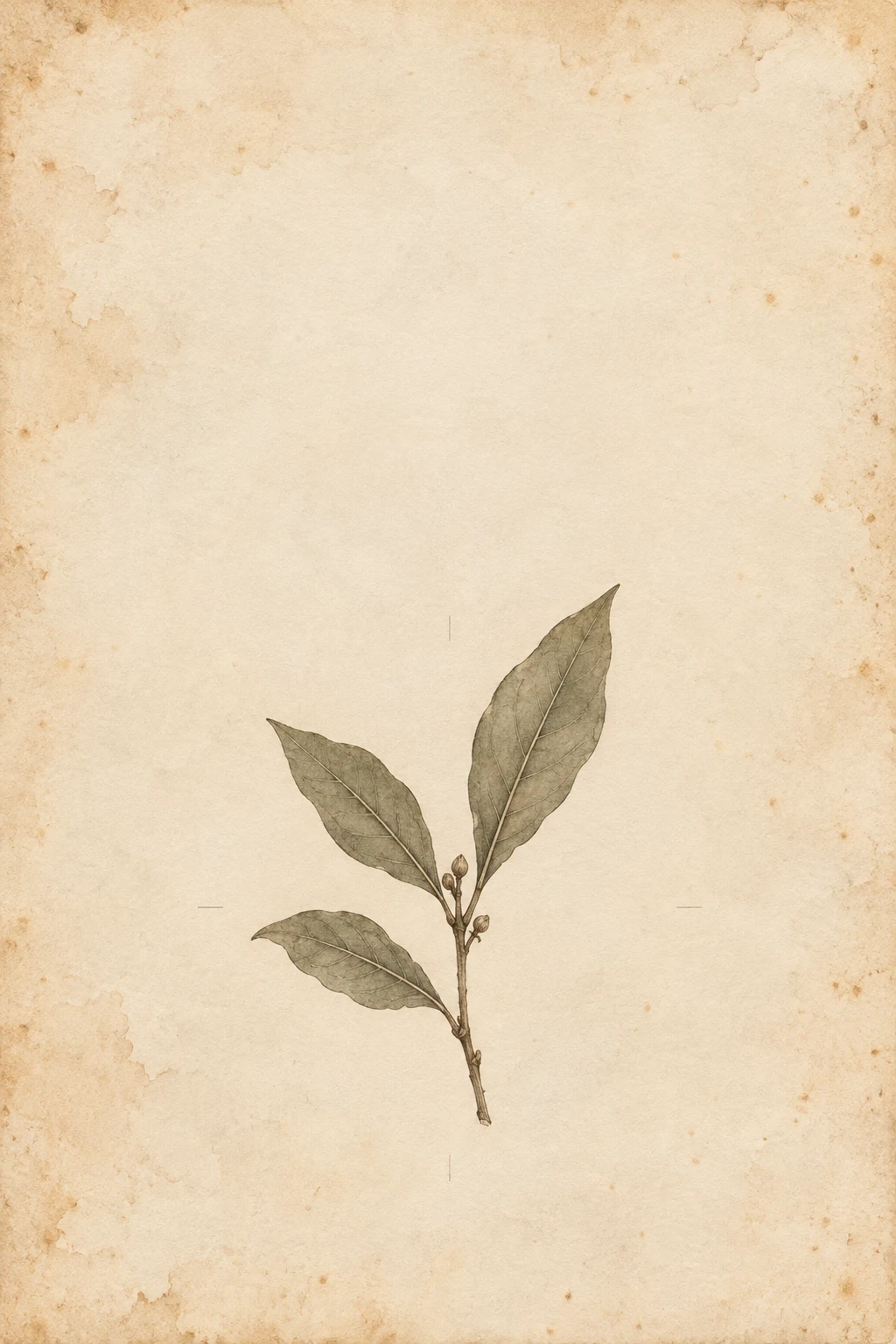A sprig of bay with four leaves in cream, sand; portrait artwork.