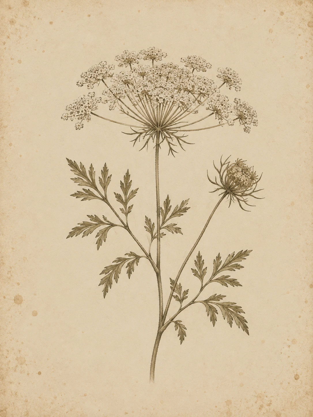 A wild carrot umbel in cream, stone, sage; portrait artwork.