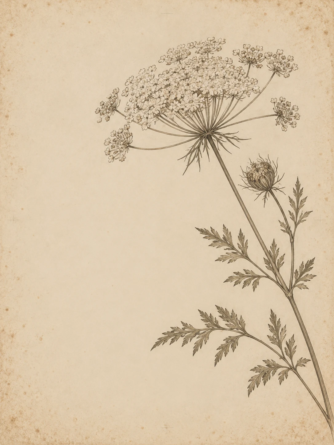 A wild carrot umbel in cream, stone, sand; portrait artwork.
