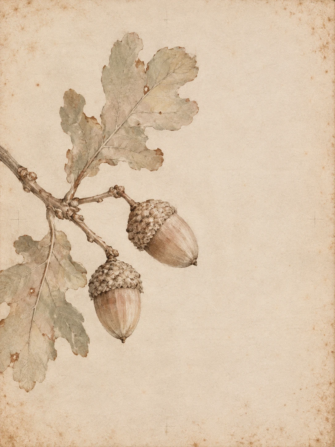 An oak twig with two acorns in cream, sand, stone, sage; portrait artwork.