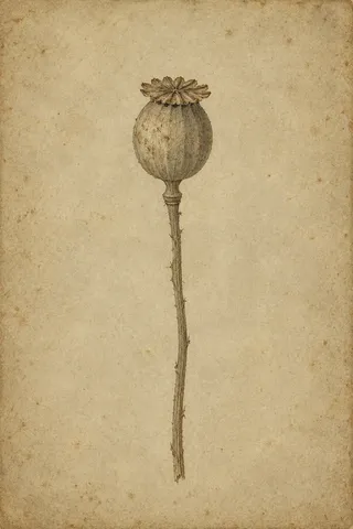A dried poppy pod on its stem in sand, stone, taupe; portrait artwork.