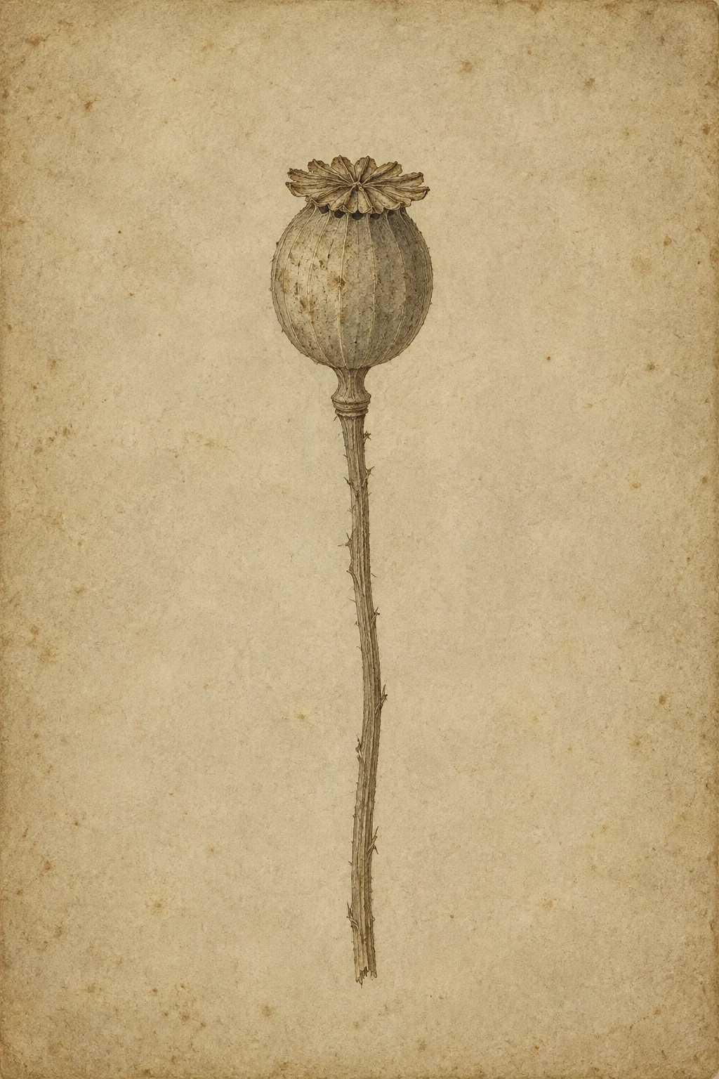 A dried poppy pod on its stem in sand, stone, taupe; portrait artwork.