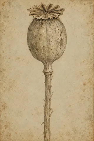 A dried poppy pod on its stem in sand, stone, taupe; portrait artwork.