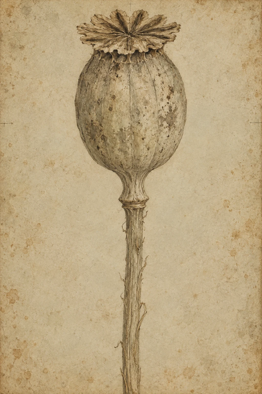 A dried poppy pod on its stem in sand, stone, taupe; portrait artwork.