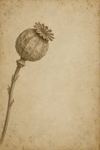 A dried poppy pod on its stem in sand, stone, taupe; portrait artwork.