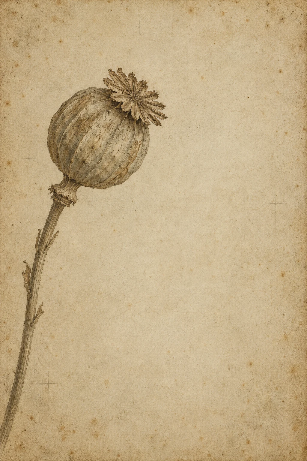 A dried poppy pod on its stem in sand, stone, taupe; portrait artwork.
