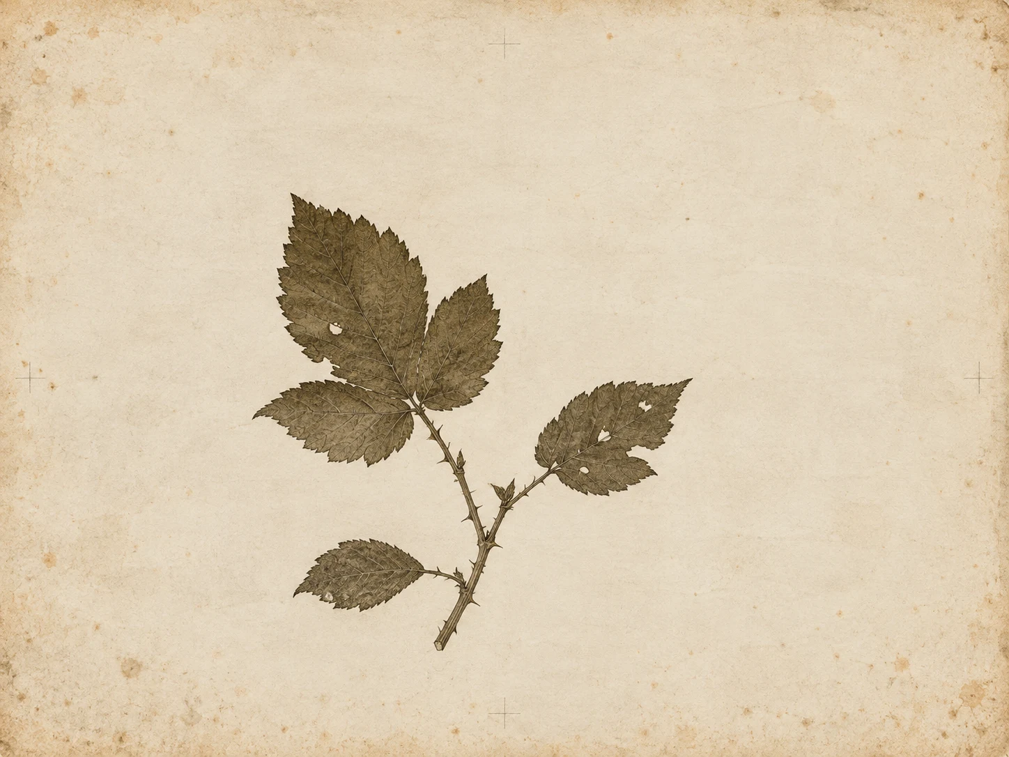 A bramble shoot with three leaves in cream, taupe; landscape artwork.