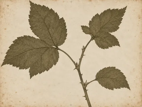 A bramble shoot with three leaves in cream, olive, stone, sand; landscape artwork.