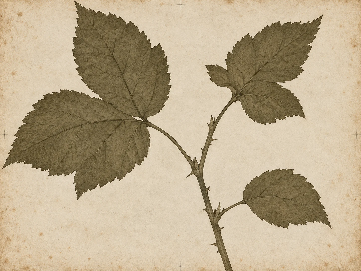 A bramble shoot with three leaves in cream, olive, stone, sand; landscape artwork.