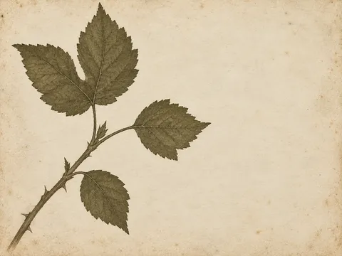 A bramble shoot with three leaves in cream, olive; landscape artwork.