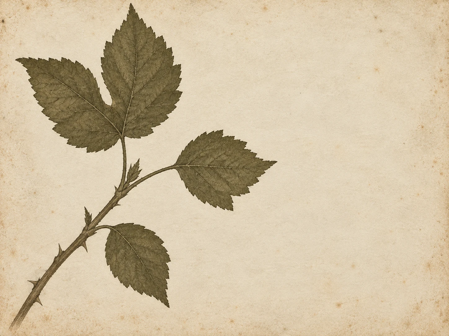 A bramble shoot with three leaves in cream, olive; landscape artwork.