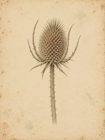 A teasel head on a ribbed stem in cream, stone, sage; portrait artwork.