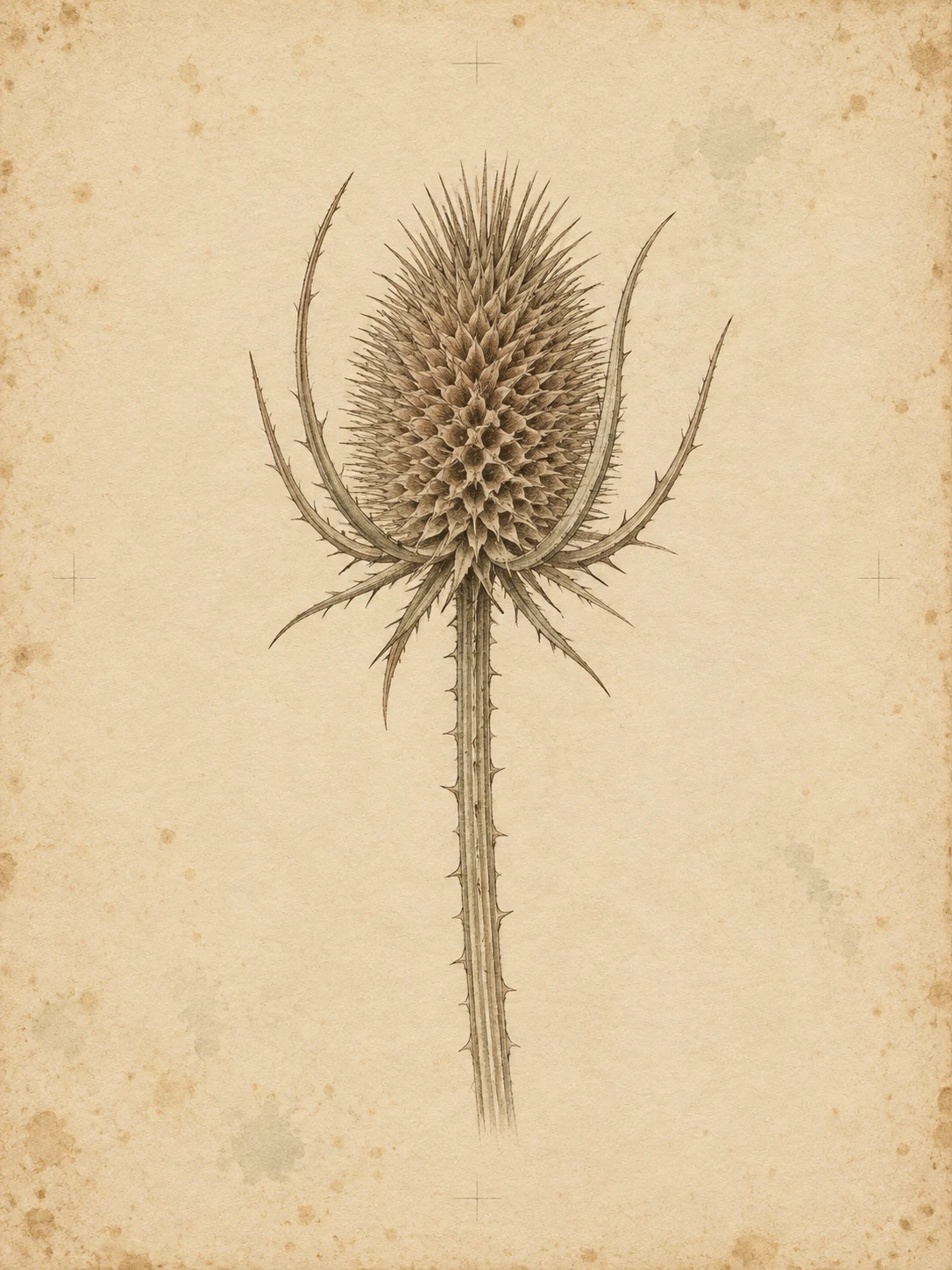 A teasel head on a ribbed stem in cream, stone, sage; portrait artwork.