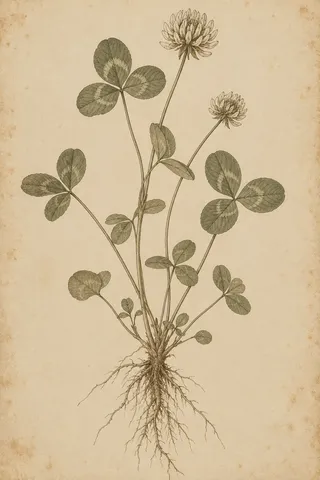 A clover plant lifted with its roots in cream, stone, taupe, sand; portrait artwork.
