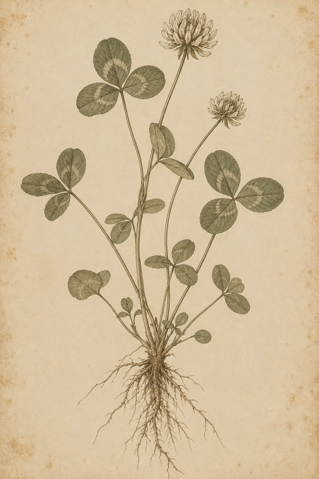 A clover plant lifted with its roots in cream, stone, taupe, sand; portrait artwork.