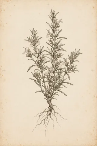 A sprig of rosemary in cream, gray; portrait artwork.