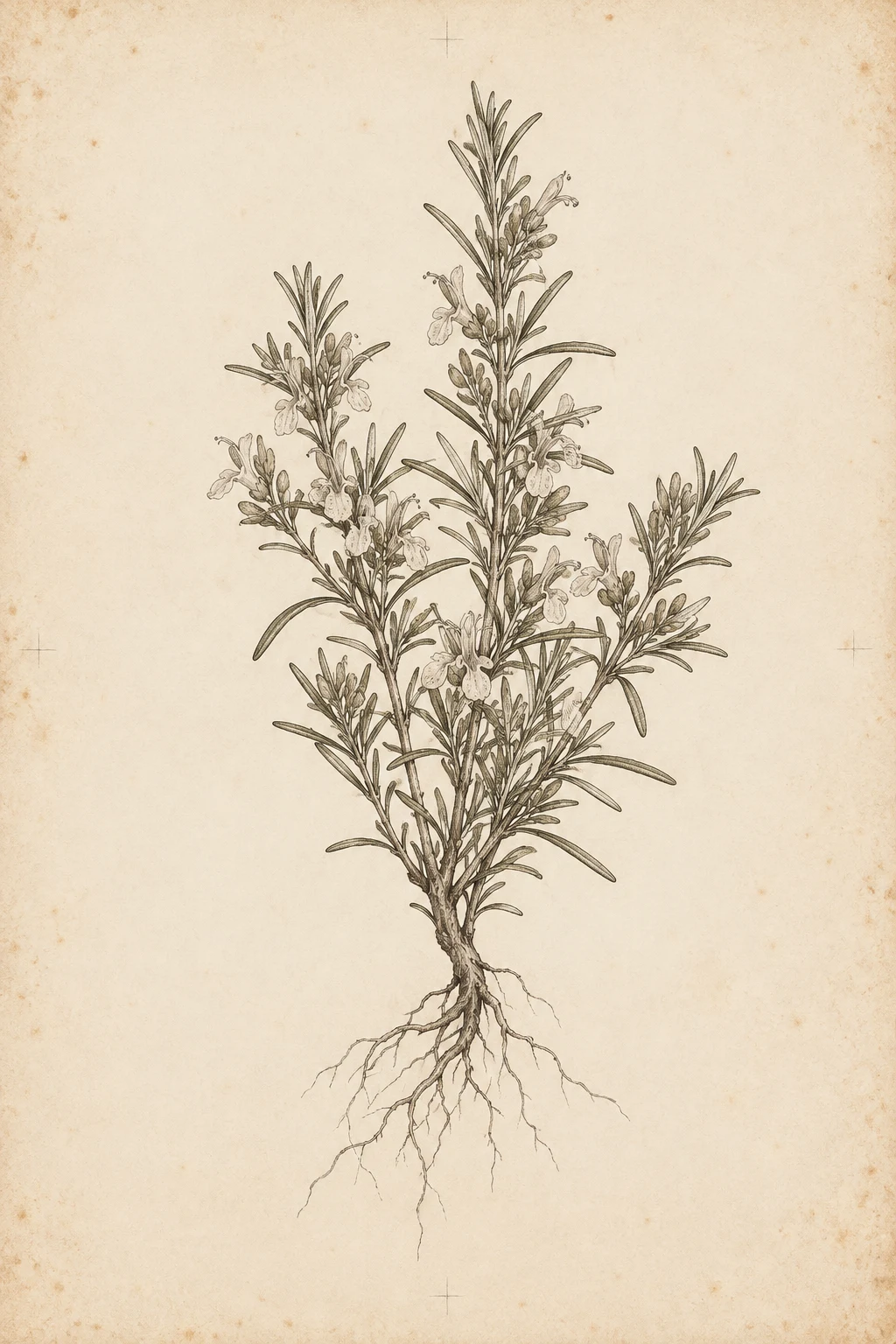 A sprig of rosemary in cream, gray; portrait artwork.