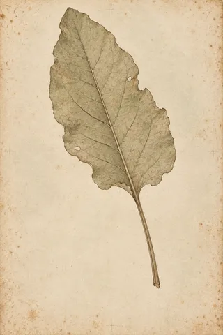 A single dock leaf with its stem in cream, sand, sage, stone; portrait artwork.