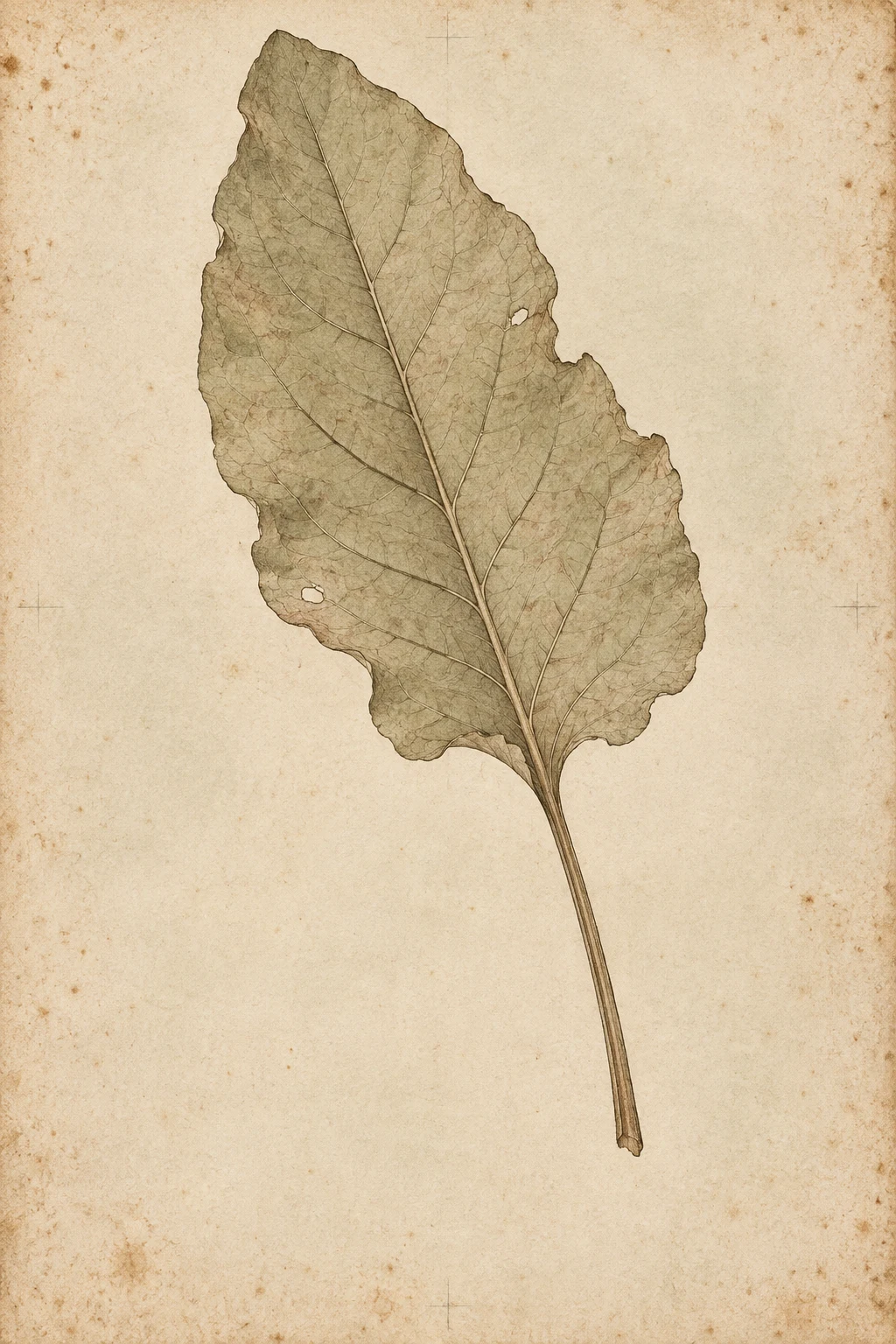 A single dock leaf with its stem in cream, sand, sage, stone; portrait artwork.