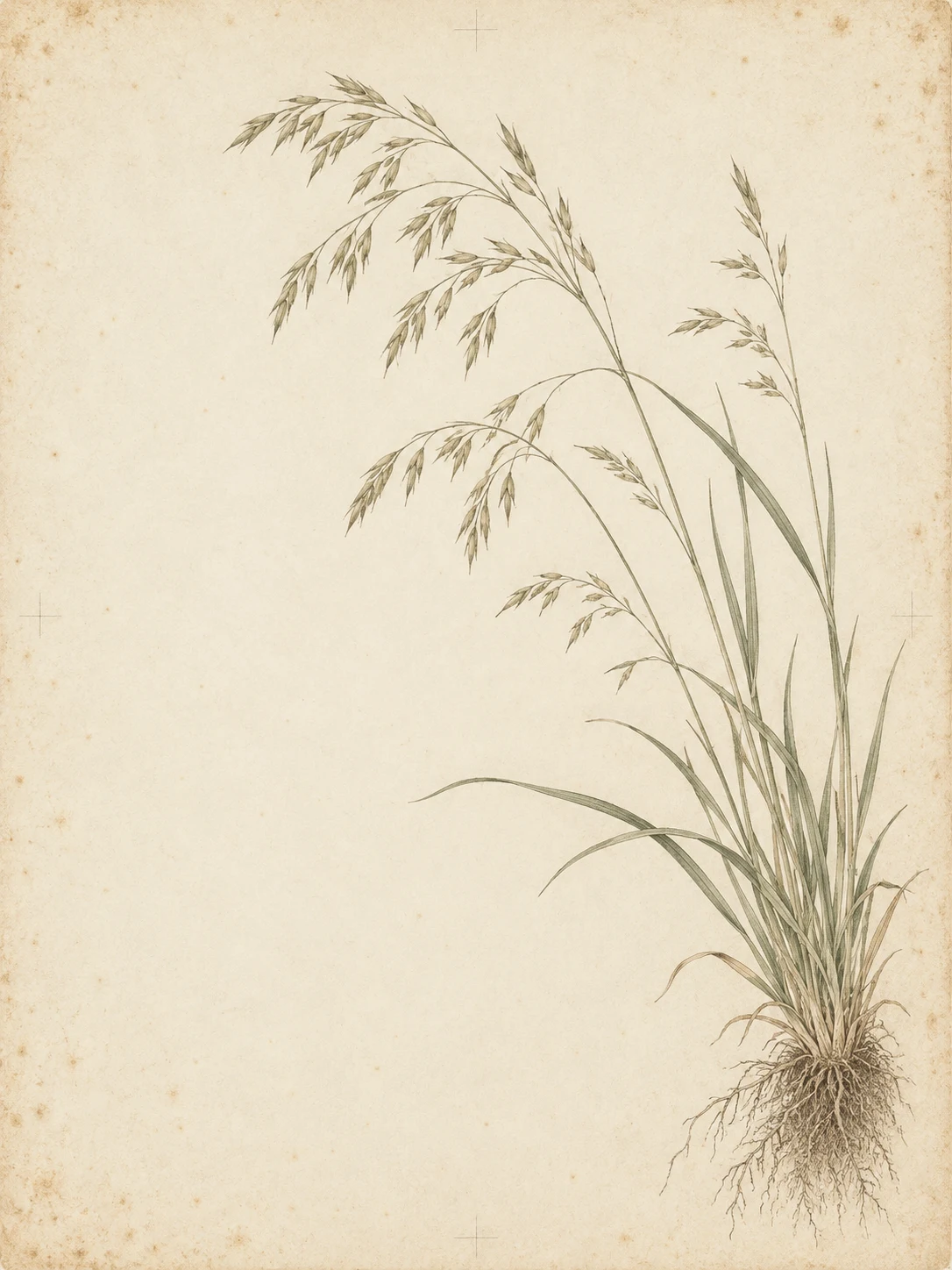 A seeding grass with its root ball in cream, stone; portrait artwork.