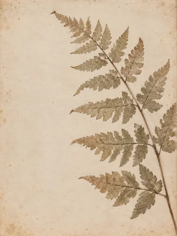 A pressed fern frond in cream, stone, taupe, sand; portrait artwork.