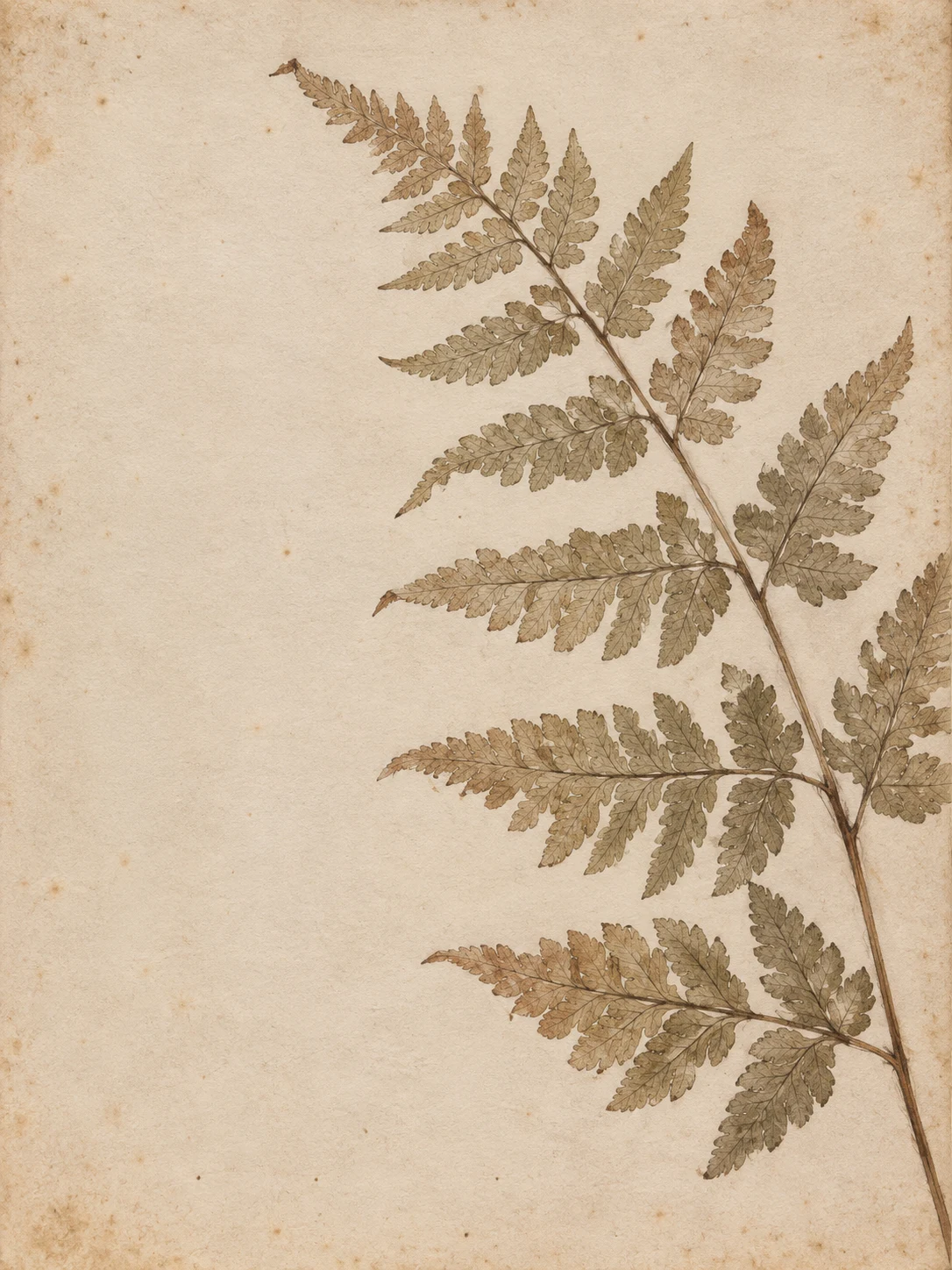 A pressed fern frond in cream, stone, taupe, sand; portrait artwork.