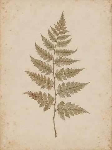 A pressed fern frond in cream, stone, sage; portrait artwork.