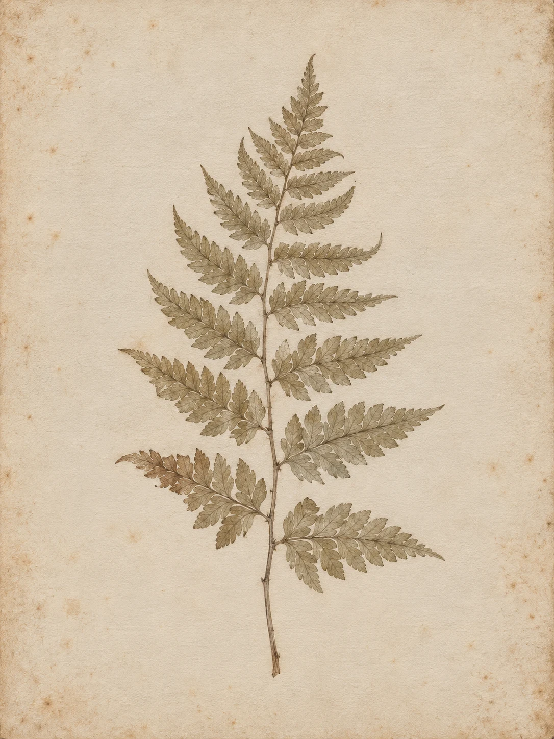 A pressed fern frond in cream, stone, sage; portrait artwork.