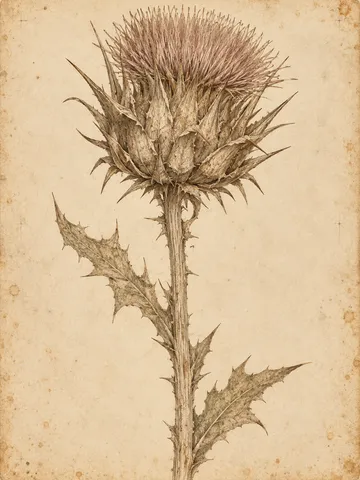 A thistle head with dry bracts in cream, sand, stone, taupe; portrait artwork.