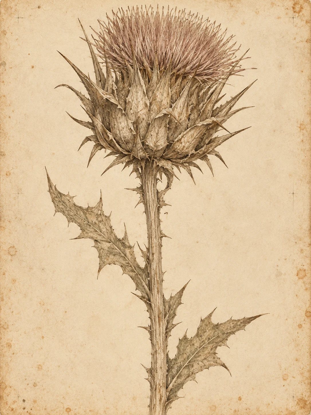 A thistle head with dry bracts in cream, sand, stone, taupe; portrait artwork.