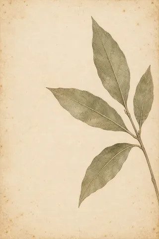 A sprig of bay with four leaves in cream, sage, stone; portrait artwork.