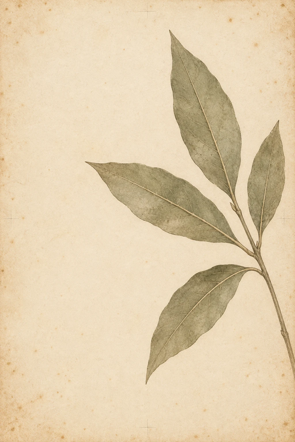 A sprig of bay with four leaves in cream, sage, stone; portrait artwork.