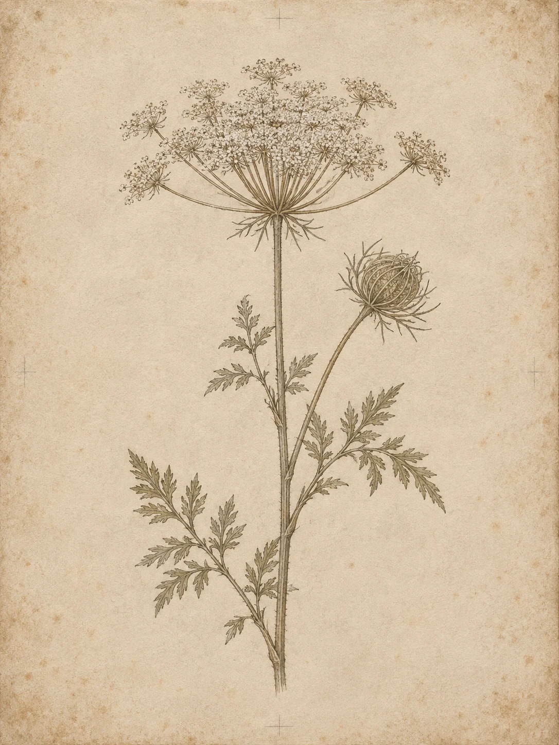 A wild carrot umbel in cream, stone, sand; portrait artwork.