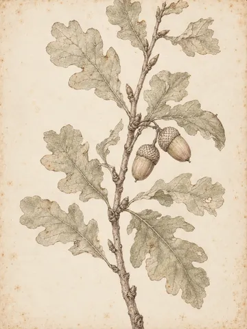 An oak twig with two acorns in cream, stone, sand; portrait artwork.
