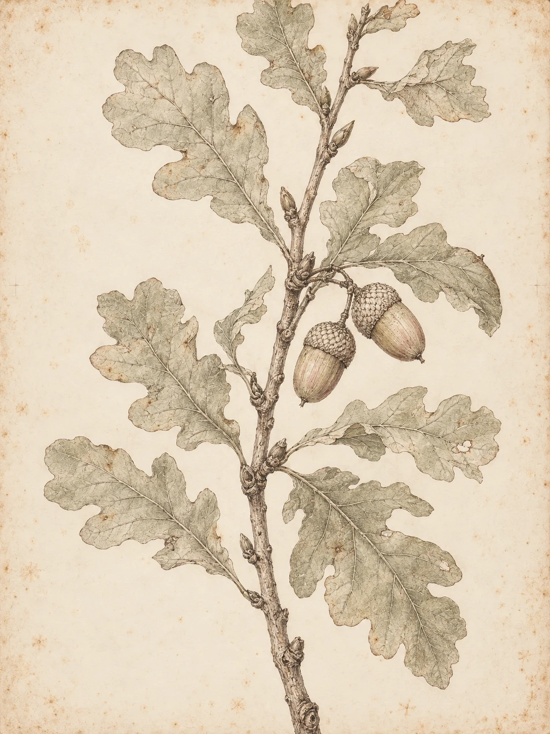 An oak twig with two acorns in cream, stone, sand; portrait artwork.