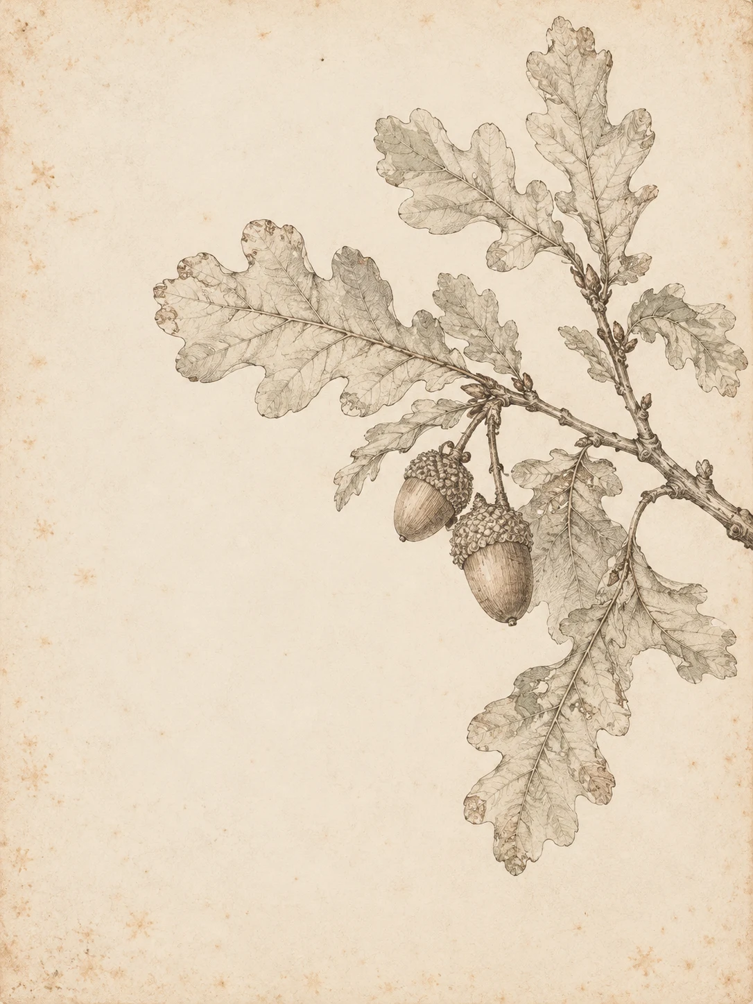 An oak twig with two acorns in cream, stone, sand; portrait artwork.