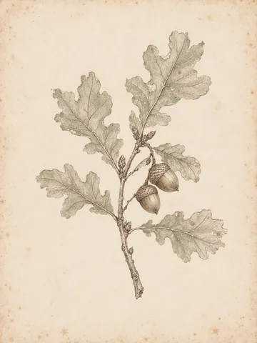 An oak twig with two acorns in cream, stone, sand; portrait artwork.